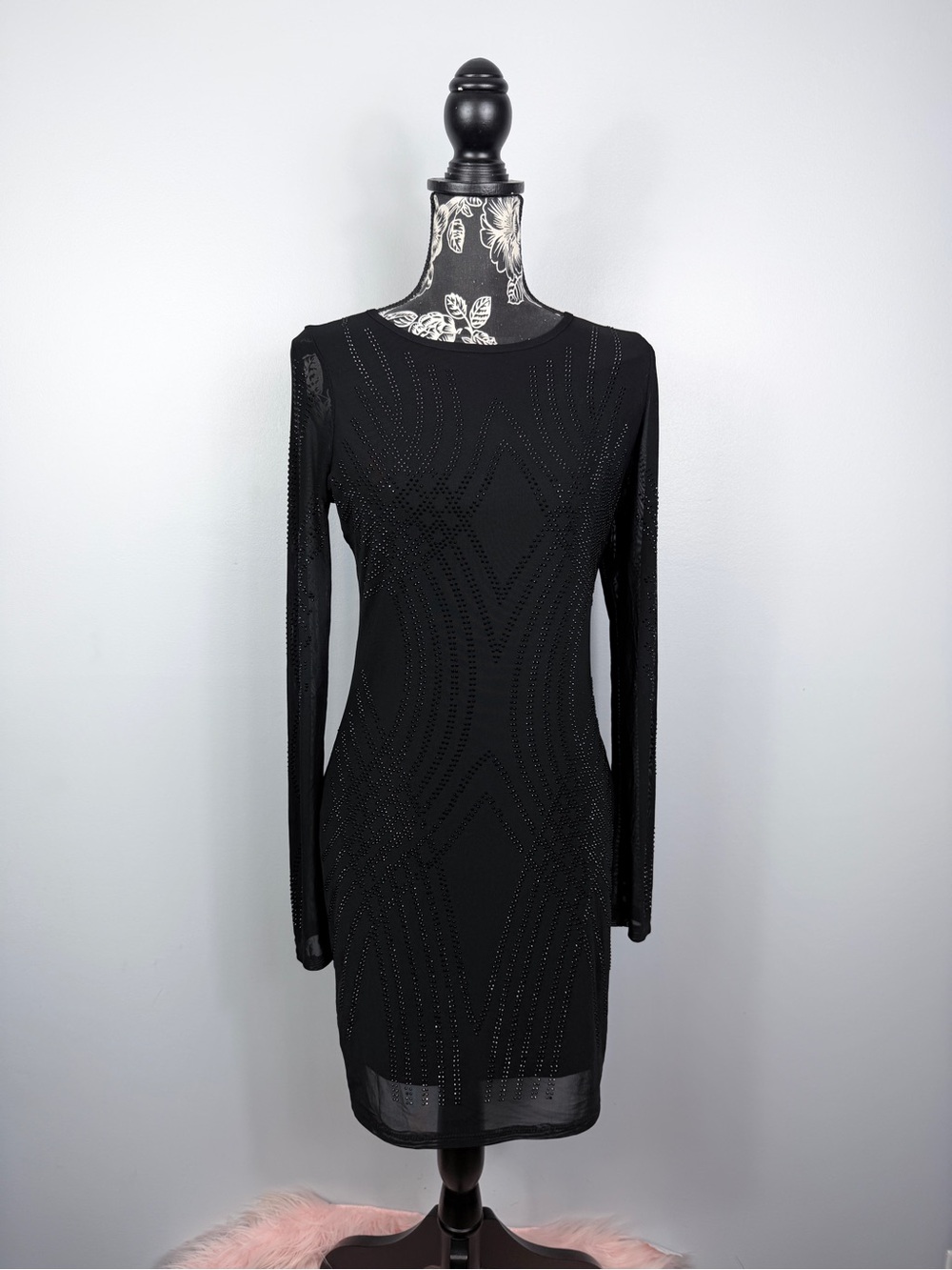 Blashe black long sleeve sheer mesh lined rhinestone bodycon dress size large